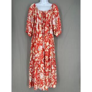 Jaase Anthropologie Dress Womens XS Orange Floral Maxi Flowy Oversized Cottage